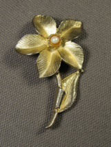 Vintage Pin-Brooch Flower Yellow Gold Plated with 4mm Simulated Pearl 2&quot; Long. - £11.80 GBP