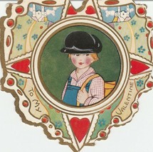 Vintage Valentine Card Boy in Cap Whitney Made Unused Heart Shaped Die Cut - $7.91
