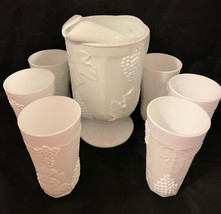 Indiana Glass Milk Glass 64OZ  Pitcher w 6 10 OZ Glasses Harvest Grape - £46.08 GBP