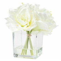 Floral Centerpiece in Glass Vase Cream Lily Faux Flowers 8.5 Inches Tall - £36.87 GBP