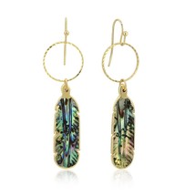 Boho Chic Gold-Plated Brass Rainbow Abalone Feather or Leaf Hoop Dangle Earrings - £15.79 GBP