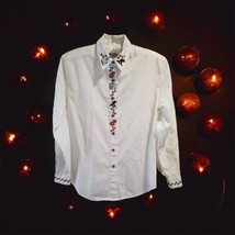 Vtg Karen Scott Halloween Jack O Lantern Buttons  Shirt Women M Embroidered - £22.94 GBP