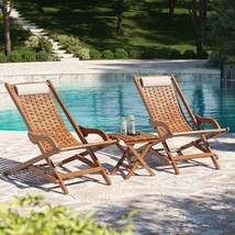 Outdoor Patio Pool Lawn Yard Lounge Chairs With Table Porch Folding Seats Wood ~ - £229.72 GBP