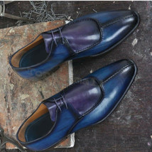Handmade Men&#39;s Leather Oxfords Blue Wingtip Stylish Dress New Formal Shoes-41 - £182.24 GBP