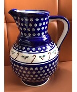 BOLESLAWIEC Handmade Polish Pottery Large Pitcher Xmas 10” Candy Cane &amp; ... - $28.71