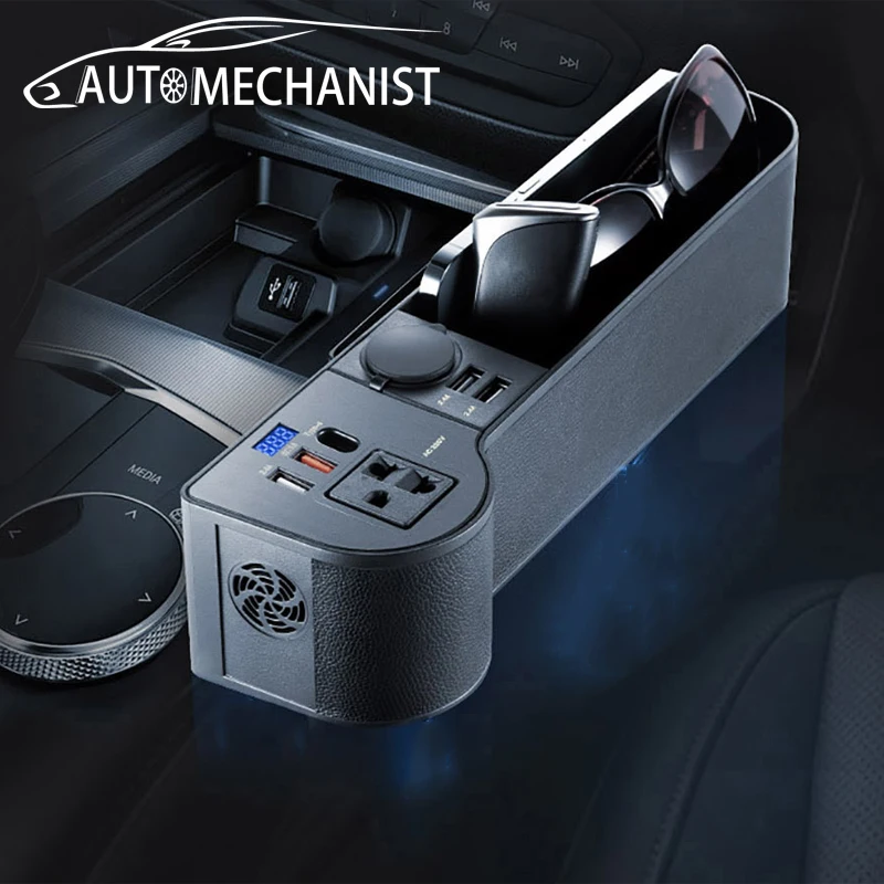 USB Car Seat Gap Organizer 220V Seat Crevice Storage Box LED Display Auto - £68.49 GBP