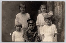 RPPC Edwardian Children Girls Big White Bow Boy In Uniform c1917 Postcard Q22 - $8.95