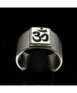 Sterling silver Buddhist ring Ohm symbol Buddhism in Black enamel on squ... - $101.87 CAD
