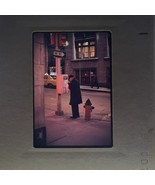 35mm Slide Photo City Street Scene 1970 Man Trash Can Fire hydrant Taxi - $13.49