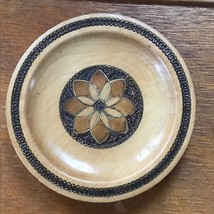 Vintage Small Wood Wooden Dish with Center Flower and Pyrography Accents for Dec - £6.62 GBP