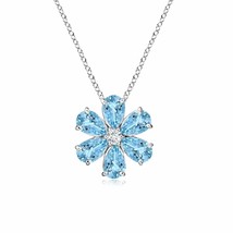 ANGARA Aquamarine Flower Cluster Pendant with Diamond in 14K Gold | 18&quot; Chain - £832.49 GBP