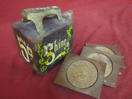 Vintage Small Wooden Wood 5¢ Shoe Shine Box w/ 8 Drink Coasters Set - £19.13 GBP