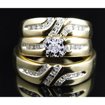 0.28 Ct Round Cut CZ Dia His &amp; Her Trio Ring set 14K Yellow Gold Over Silver - £104.30 GBP