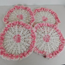 Crocheted Doily Round Pink White Ruffled Edges Set of 4 Handmade 11/12&quot; Diameter - £19.33 GBP