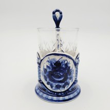 Vtg Porcelain Gzhel Cup Glass Holder crystal lead glass tea spoon set Signed - £31.93 GBP