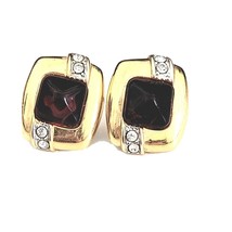 Monet Red Cabochon, Crystal Inlay &amp; Gold Tone Pierced Earrings - £7.81 GBP