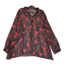 Fashion bug Blouse Womens Size 26/28W Sheer Red Floral Black Button Up H... - $9.84