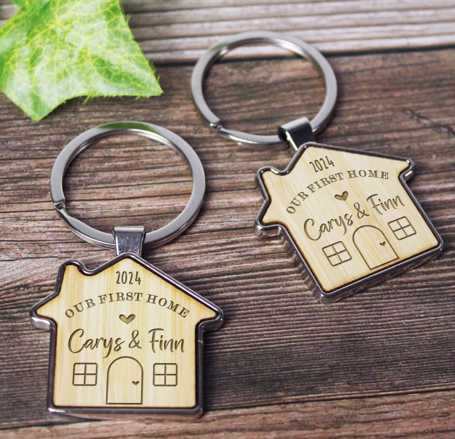 Our First Home Couples Keyring, Personalised House Warming Key Chain, Set of 2 M - £24.25 GBP
