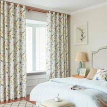 Vogol Birds And Floral Printed Curtains Blue Linen Window Treatment, Top Grommet - £39.35 GBP
