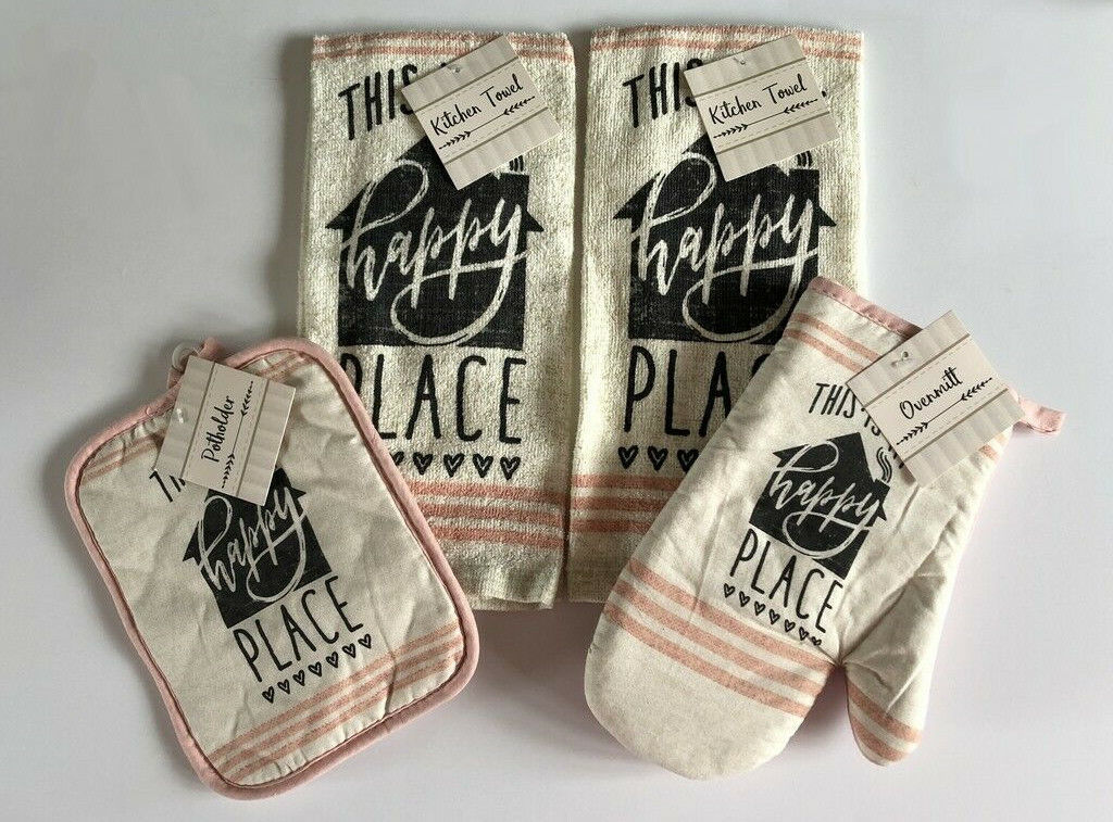 Primary image for This is My Happy Place Oven Mitt Potholder Dish Towels Set of 4 Beach Summer