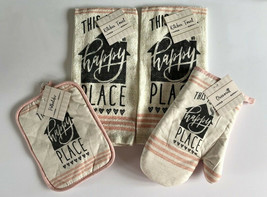 This is My Happy Place Oven Mitt Potholder Dish Towels Set of 4 Beach Summer - £23.35 GBP