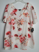 A.U.W. Floral Blouse Shirt Top Womens 1X Short Sleeve Red Orange Flowers... - £14.87 GBP