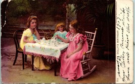 Dolly&#39;s Birthday - Children Tea Party w Doll 1907 UDB Postcard - $14.80