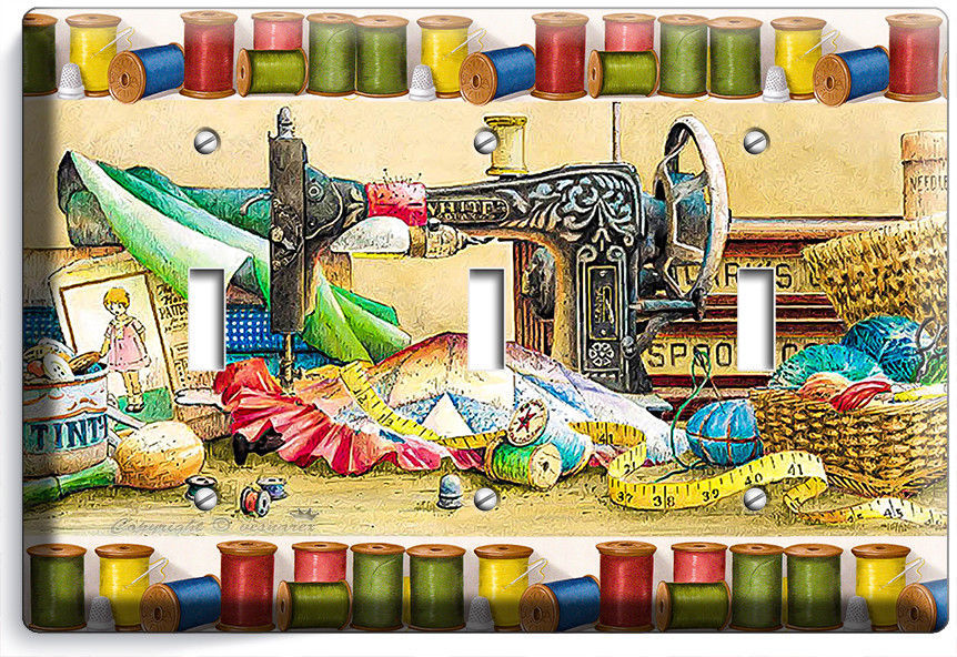 RETRO SEWING MACHINE SPOOLS THREAD TRIPLE LIGHT SWITCH PLATES TAILOR ROOM DECOR