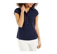 Charter Club Womens Petite PP Navy Pleated Cap Sleeve Fitted Polo Top NWT CH77 - £19.57 GBP