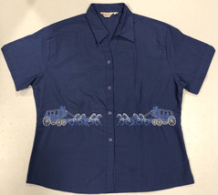 Sky-noble Blue Bell Blouse Top with Horses &amp; Carriages Stitches Design s... - $10.85