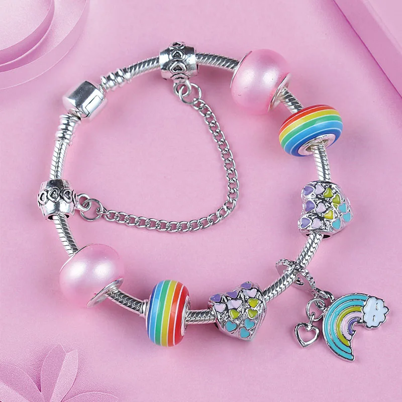 Leabyl Cute Rainbow Heart Moon Pendant Charm Bracelet Colorful Crystal DIY Bead  - £18.73 GBP