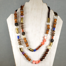 Vtg Signed SEQUIN Roses, Wood Brown Beaded, Multi Color Statement 40" Ne... - $57.09