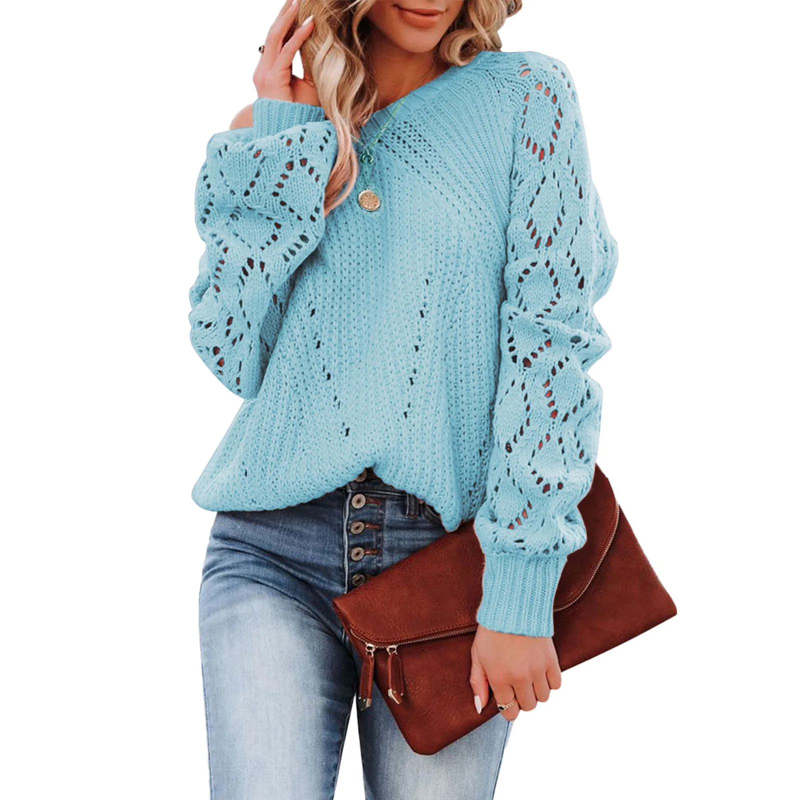 Woman s Womens Off  Tops Long Sleeve Knit Shirt Crew Neck Pullover  Jumper Tops  - £86.10 GBP