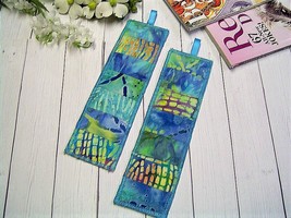 Handmade &quot;OCEAN&quot; 2 Reversible Batik Patchwork Bookmarks - Student / Teacher Gift - £6.27 GBP