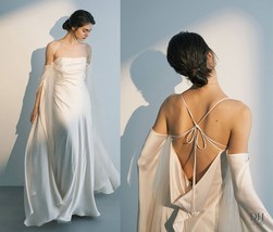 Minimalist Wedding Dress With Sleeves, Mermaid Spaghetti Strap Satin Bri... - £399.63 GBP
