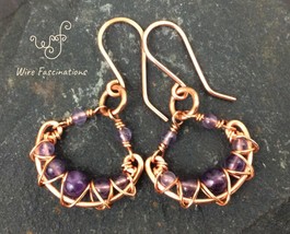 Handmade amethyst earrings: criss cross copper wire wrapped chandelier - £26.37 GBP