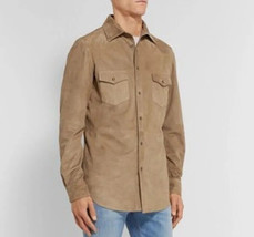 Men&#39;s Beige Genuine Soft Suede Leather Shirt Handmade New Casual Fashion... - £88.02 GBP+