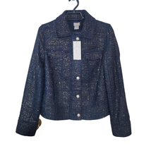 Chico&#39;s 0(4) Small Classic Foil Tweed Navy Blue Jacket W/ Pearl Buttons NEW  - £31.96 GBP