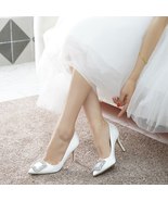 Korean Style Pointed High Heel White Wedding Shoes Rhinestone Bridal Sho... - £56.50 GBP