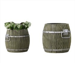 Barrel Style Planter Pot Set of 2 Cement with Handles 8.4" and 7" high Gray