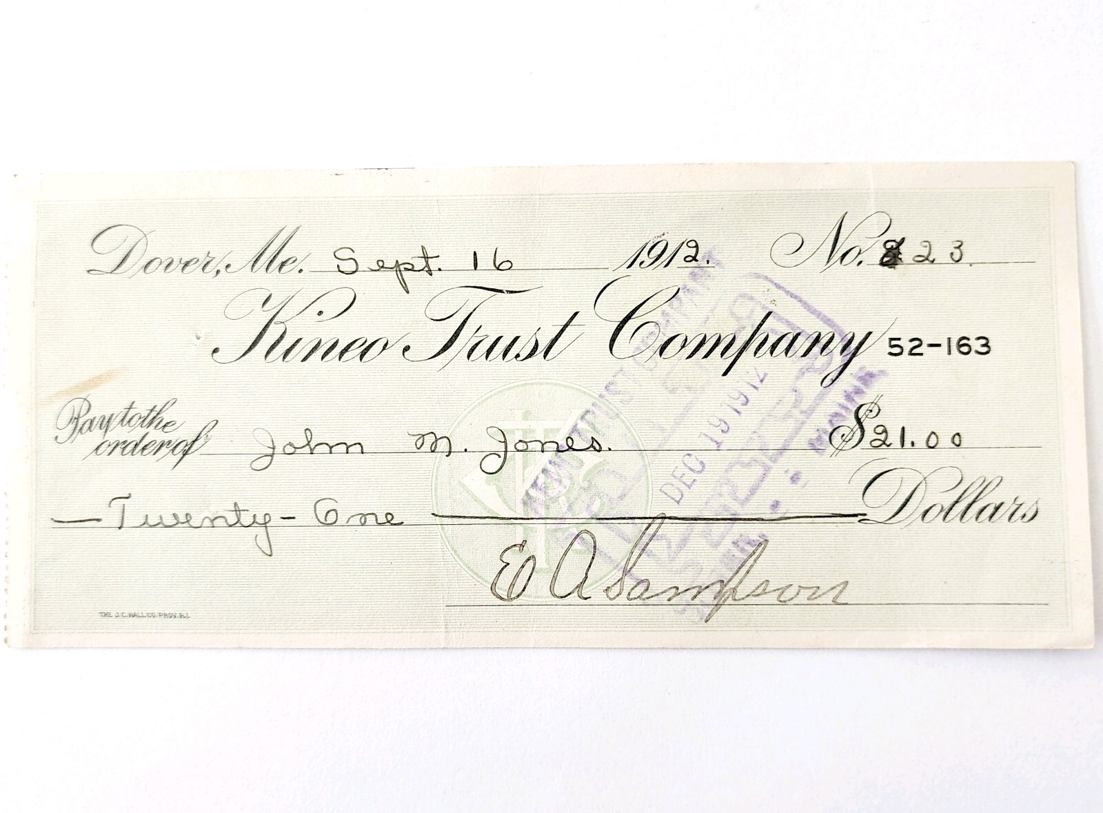 1912 Kineo Trust Company Bank Check E.A. Sampson Dover Maine Signed 823 CHX4 Item image 2
