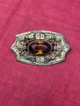 Beautiful Ornate Victorian Sash Brooch Pin Gilt Topaz Glass Gold VTG Jewelry - £57.77 GBP