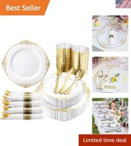 350PCS Gold Plastic Plates - Gold Plastic Dinnerware Sets for 50 Guests ... - $122.94