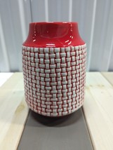 VTG Retro Ceramic BasketWeave Vase Red White Farmhouse Cottage FTD 80s Home Gift - £19.57 GBP