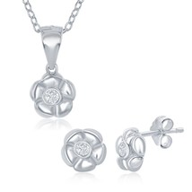 Sterling Silver Small Flower with Single CZ Necklace &amp; Earrings Set - £45.16 GBP