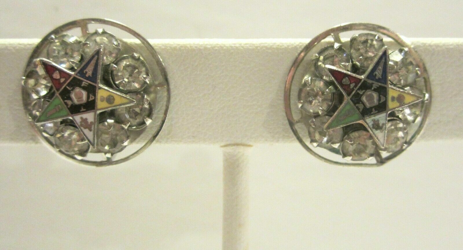 Primary image for ORDER OF EASTERN STAR Screw Back Earrings Rhinestone Enamel Rhinestone Vintage