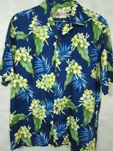 VINTAGE Hilo Hattie Dark Blue With Yellow Flowers Cotton Hawaiian Aloha Shirt L - £28.77 GBP