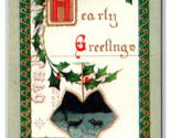 Hearty Greetings For Merry Christmas Ivy Holly Embossed DB Postcard A16 - $3.91