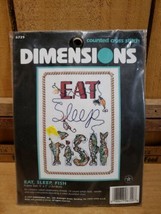 Vintage 1997 Dimensions Counted Cross Stitch 6729 Eat Sleep Fish 5&quot; x 7&quot; - $23.74