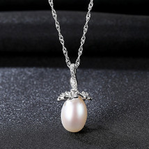 S925 Sterling Silver Necklace Pearl Flower Silver Pendant Collarbone Simple Temp - £21.55 GBP